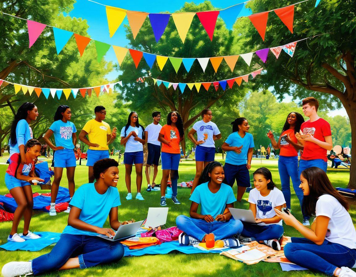 A vibrant scene depicting a diverse group of enthusiastic teens engaged in various activities like art, music, and sports, surrounded by colorful banners representing community resources. The background features a sunny park with trees and a picnic area, symbolizing joy and connection. Include elements like laptops, instruments, and art supplies, showcasing creativity and collaboration among the youth. bright, cheerful colors. dynamic composition.