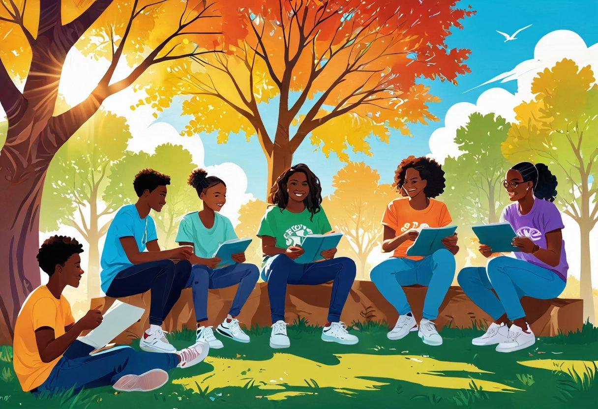 A vibrant and dynamic illustration of a diverse group of adolescents engaging in various activities like studying, playing sports, and collaborating on projects in a supportive community environment. The scene should feature colorful elements such as trees, art, and technology representing friendship and positivity, with sunlight filtering through, symbolizing hope and empowerment. Artistic style is bright cartoonish with a sense of warmth and inclusion. vibrant colors. cheerful atmosphere.