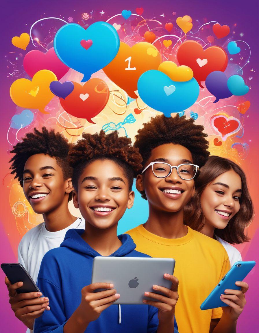 A vibrant digital illustration of a diverse group of teenagers joyfully engaging on various devices, surrounded by bright, uplifting symbols of community, empowerment, and creativity. Include elements like colorful speech bubbles, heart emojis, and interconnected lines to represent online connection and support. The background should be lively and colorful, enhancing the theme of youth and positivity. vibrant colors. digital art.